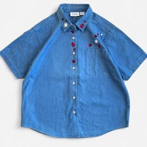 Vintage Christopher & Banks Embroidered Denim Ladybugs Daisies Button Down Shirt
